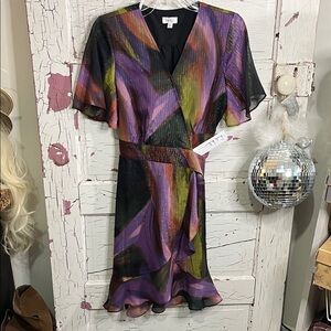 NWT Nicole Miller NY Vibrant Purple Black Midi Dress Metallic Stitching Sz 4